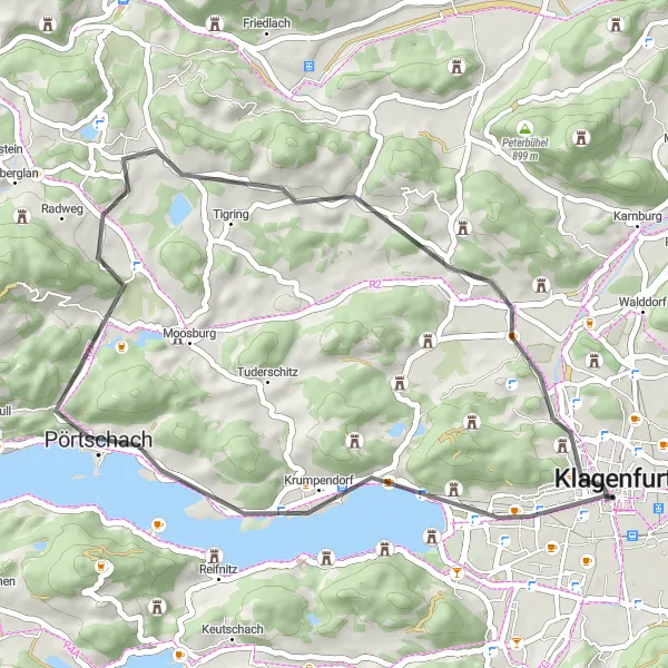 Miniatua del mapa de inspiración ciclista "Ruta del Castillo: Circuito por carretera cerca de Villacher Vorstadt" en Kärnten, Austria. Generado por Tarmacs.app planificador de rutas ciclistas