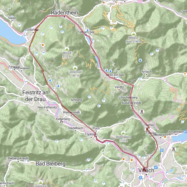 Map miniature of "Völkendorf to Burgruine Alt-Treffen Round-Trip" cycling inspiration in Kärnten, Austria. Generated by Tarmacs.app cycling route planner