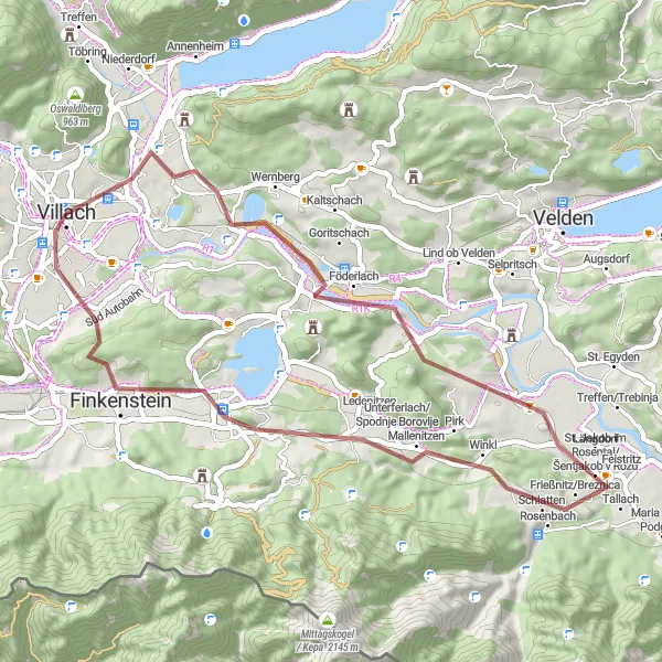 Map miniature of "Völkendorf to Landskron Castle Round-Trip" cycling inspiration in Kärnten, Austria. Generated by Tarmacs.app cycling route planner