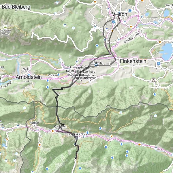 Zemljevid v pomanjšavi "Pozdravljeni na potu raziskovanja" kolesarske inspiracije v Kärnten, Austria. Generirano z načrtovalcem kolesarskih poti Tarmacs.app