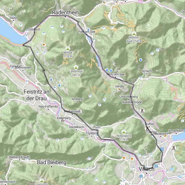 Miniatua del mapa de inspiración ciclista "Ruta de ciclismo en carretera hacia el lago Millstatt" en Kärnten, Austria. Generado por Tarmacs.app planificador de rutas ciclistas