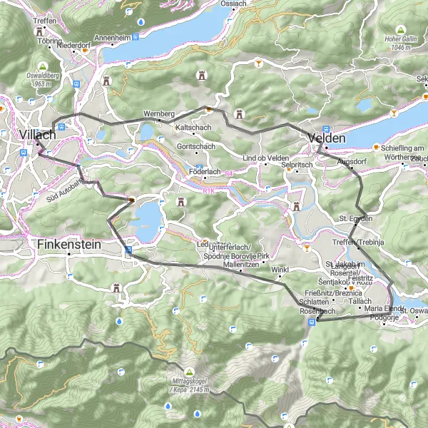 Miniatuurkaart van de fietsinspiratie "Panoramische Wegen rondom Völkendorf" in Kärnten, Austria. Gemaakt door de Tarmacs.app fietsrouteplanner