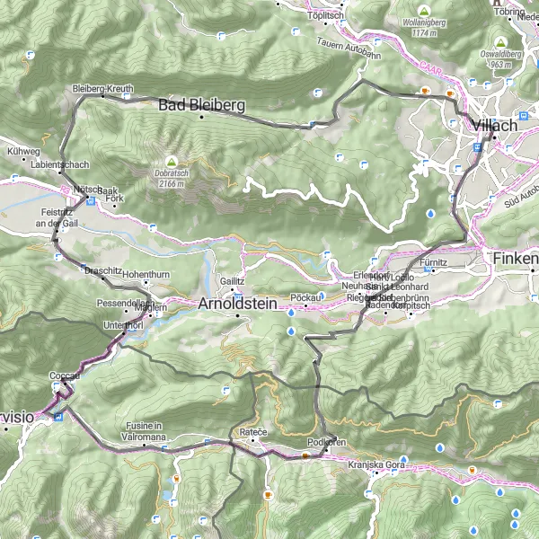 Zemljevid v pomanjšavi "Kolesarska pot okoli Völkendorfa" kolesarske inspiracije v Kärnten, Austria. Generirano z načrtovalcem kolesarskih poti Tarmacs.app