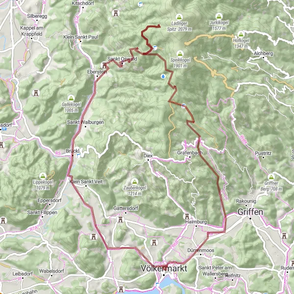 Miniatua del mapa de inspiración ciclista "Ruta Gravel: Descubriendo Alturas en las Colinas de Carintia" en Kärnten, Austria. Generado por Tarmacs.app planificador de rutas ciclistas