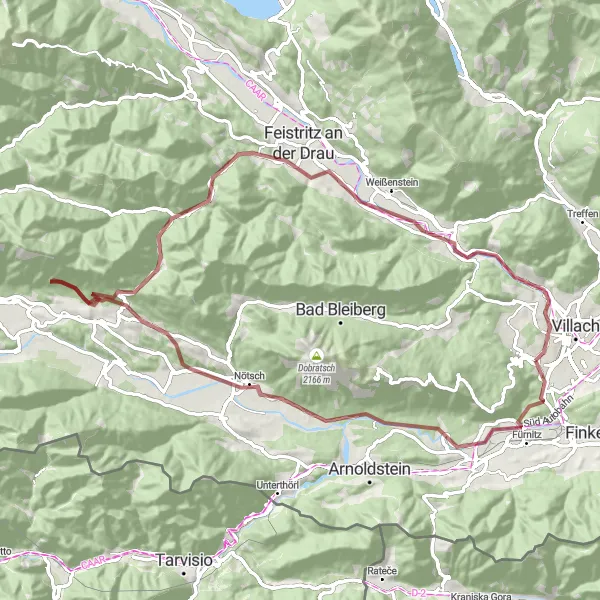 Mapa miniatúra "Kruhová cyklistická trasa cez oblasť Burgruine Federaun" cyklistická inšpirácia v Kärnten, Austria. Vygenerované cyklistickým plánovačom trás Tarmacs.app