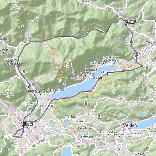 Kartminiatyr av "Oswaldiberg og Ossiach Oppdagelse" sykkelinspirasjon i Kärnten, Austria. Generert av Tarmacs.app sykkelrutoplanlegger