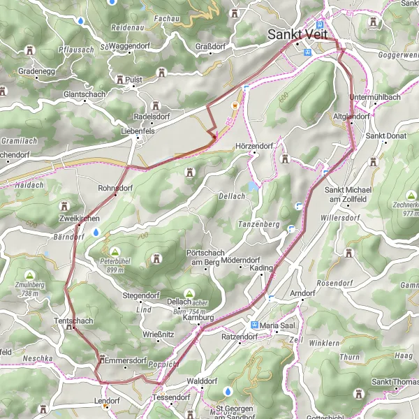 Miniatura della mappa di ispirazione al ciclismo "Gravel tra Villaggi e Paesaggi Rurali" nella regione di Kärnten, Austria. Generata da Tarmacs.app, pianificatore di rotte ciclistiche