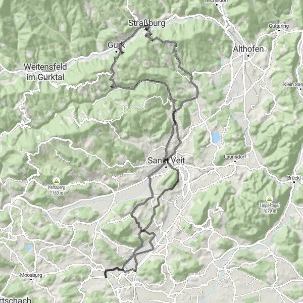 Miniatura della mappa di ispirazione al ciclismo "Escursione panoramica tra Karnburg e Schloss Annabichl" nella regione di Kärnten, Austria. Generata da Tarmacs.app, pianificatore di rotte ciclistiche