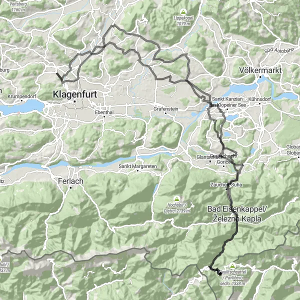 Miniatua del mapa de inspiración ciclista "Desafío por Schloss Rechberg y más" en Kärnten, Austria. Generado por Tarmacs.app planificador de rutas ciclistas