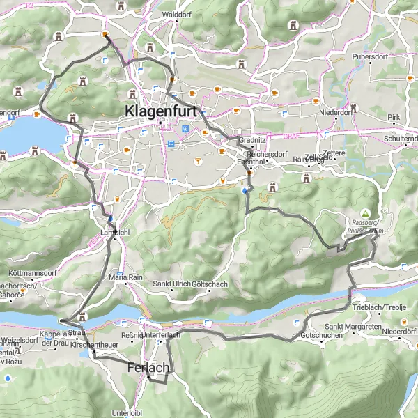 Karten-Miniaturansicht der Radinspiration "Burgen und Schlösser Tour" in Kärnten, Austria. Erstellt vom Tarmacs.app-Routenplaner für Radtouren