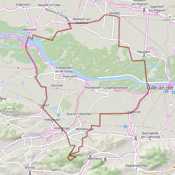 Mapa miniatúra "Gravel okruh okolo Absdorfu" cyklistická inšpirácia v Niederösterreich, Austria. Vygenerované cyklistickým plánovačom trás Tarmacs.app