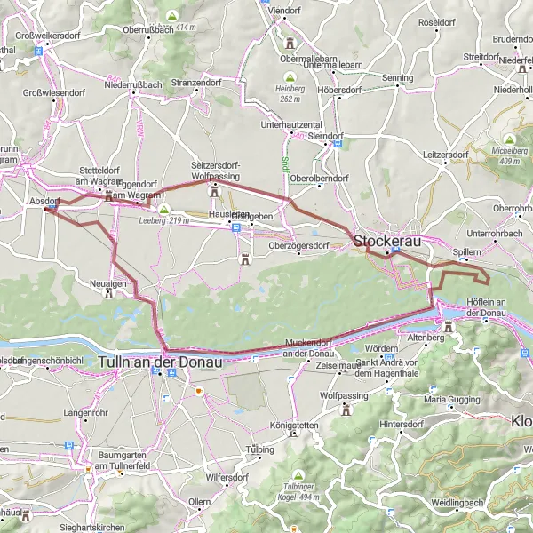 Mapa miniatúra "Gravel trasa od Absdorfu" cyklistická inšpirácia v Niederösterreich, Austria. Vygenerované cyklistickým plánovačom trás Tarmacs.app