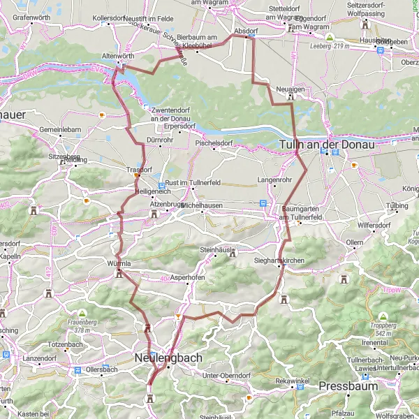 Miniatua del mapa de inspiración ciclista "Exploración de Rutas de Grava desde Absdorf a Frauendorf an der Au" en Niederösterreich, Austria. Generado por Tarmacs.app planificador de rutas ciclistas