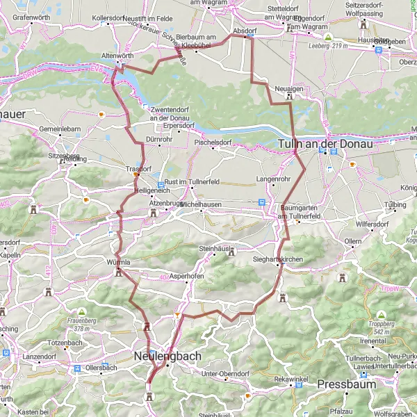 Karttaminiaatyyri "Jännittävä 'Gravel' -pyöräilyreitti Baumwipfelwegin, Neulengbachin ja Schusterbergin kautta" pyöräilyinspiraatiosta alueella Niederösterreich, Austria. Luotu Tarmacs.app pyöräilyreittisuunnittelijalla