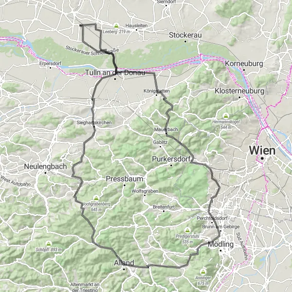 Miniature de la carte de l'inspiration cycliste "Les collines pittoresques de la Wagram" dans la Niederösterreich, Austria. Générée par le planificateur d'itinéraire cycliste Tarmacs.app