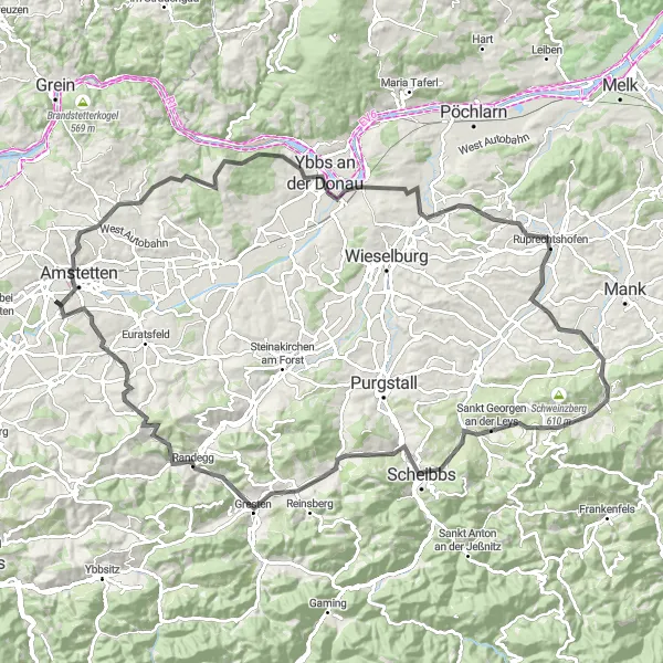 Miniatura della mappa di ispirazione al ciclismo "Circuito Panoramico della Leys" nella regione di Niederösterreich, Austria. Generata da Tarmacs.app, pianificatore di rotte ciclistiche