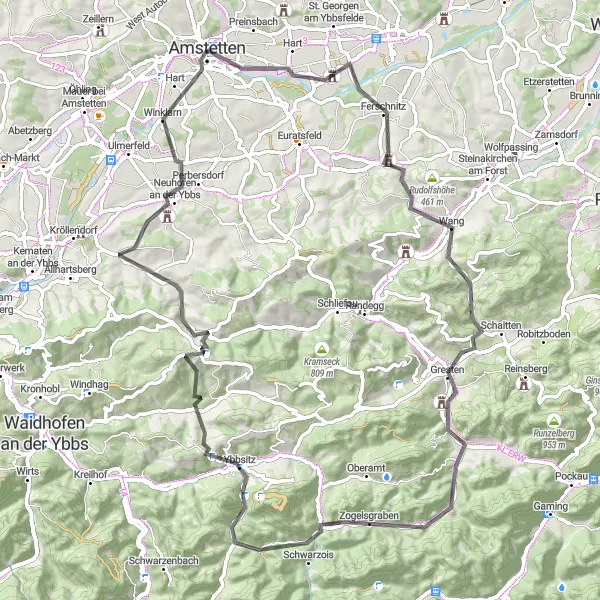 Miniatura della mappa di ispirazione al ciclismo "Tour Panoramico della Ybbs" nella regione di Niederösterreich, Austria. Generata da Tarmacs.app, pianificatore di rotte ciclistiche