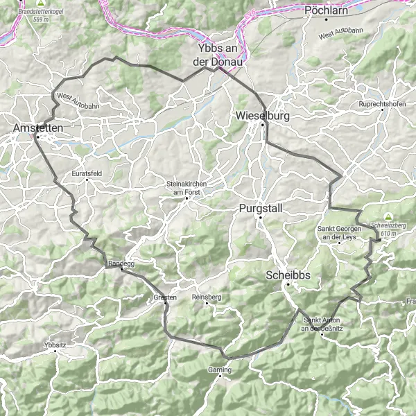 Karten-Miniaturansicht der Radinspiration "Von Amstetten nach Oberndorf an der Melk" in Niederösterreich, Austria. Erstellt vom Tarmacs.app-Routenplaner für Radtouren