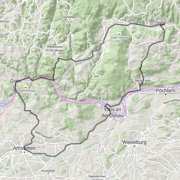Zemljevid v pomanjšavi "Krožna kolesarska pot od Amstettne" kolesarske inspiracije v Niederösterreich, Austria. Generirano z načrtovalcem kolesarskih poti Tarmacs.app