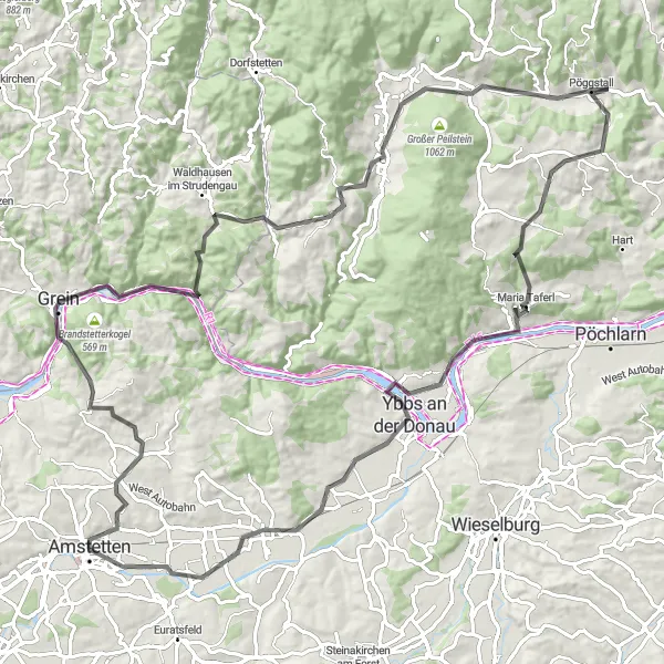 Map miniature of "The Donau-Pöggstall Loop" cycling inspiration in Niederösterreich, Austria. Generated by Tarmacs.app cycling route planner