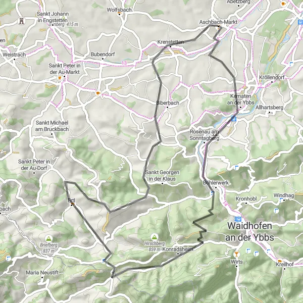 Miniatura della mappa di ispirazione al ciclismo "Esplorazione dei Colli Viennolesi" nella regione di Niederösterreich, Austria. Generata da Tarmacs.app, pianificatore di rotte ciclistiche