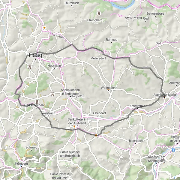 Miniaturekort af cykelinspirationen "Charming Road Cycling Route near Aschbach Markt" i Niederösterreich, Austria. Genereret af Tarmacs.app cykelruteplanlægger