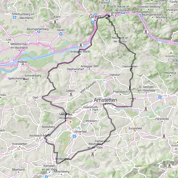 Karttaminiaatyyri "Winding Roads of Lower Austria" pyöräilyinspiraatiosta alueella Niederösterreich, Austria. Luotu Tarmacs.app pyöräilyreittisuunnittelijalla