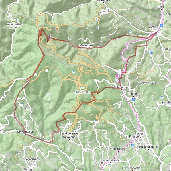Miniatura della mappa di ispirazione al ciclismo "Esplorazione in bicicletta delle colline vicino ad Aspang Markt" nella regione di Niederösterreich, Austria. Generata da Tarmacs.app, pianificatore di rotte ciclistiche