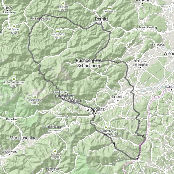 Kartminiatyr av "Utforsk de majestetiske fjellene i nærheten av Aspang Markt" sykkelinspirasjon i Niederösterreich, Austria. Generert av Tarmacs.app sykkelrutoplanlegger