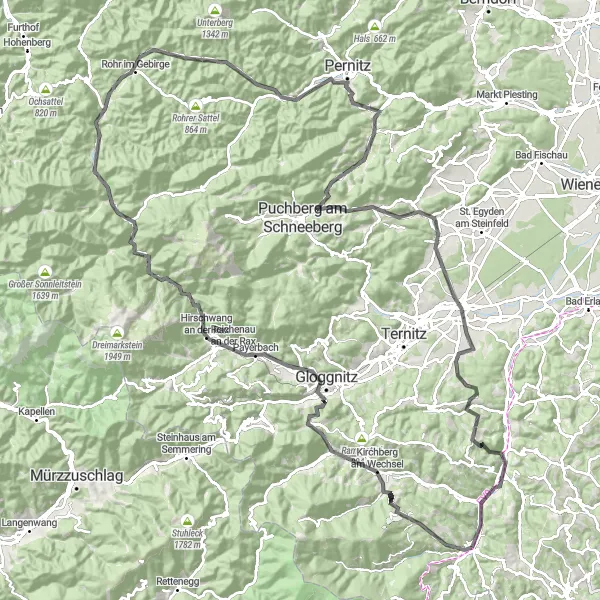 Miniaturekort af cykelinspirationen "Episk landevejsrute gennem varieret terræn" i Niederösterreich, Austria. Genereret af Tarmacs.app cykelruteplanlægger