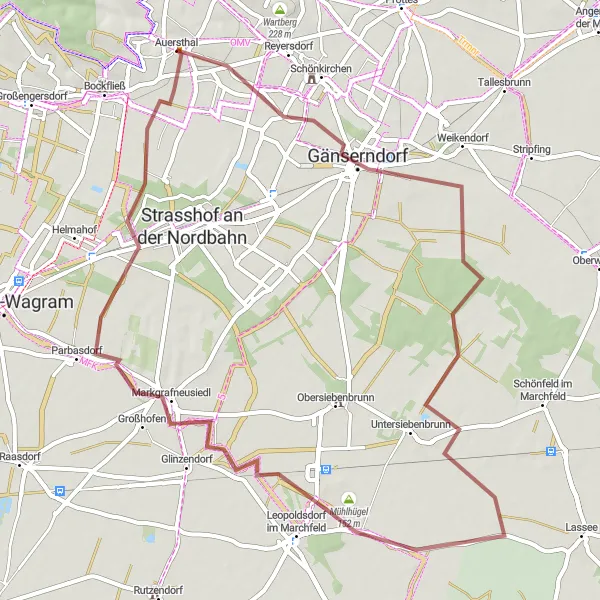 Map miniature of "Auersthal and Markgrafneusiedl Gravel Loop" cycling inspiration in Niederösterreich, Austria. Generated by Tarmacs.app cycling route planner