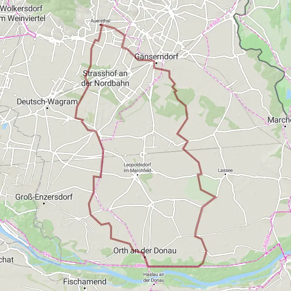 Miniature de la carte de l'inspiration cycliste "Randonnée à vélo gravel autour d'Auersthal" dans la Niederösterreich, Austria. Générée par le planificateur d'itinéraire cycliste Tarmacs.app