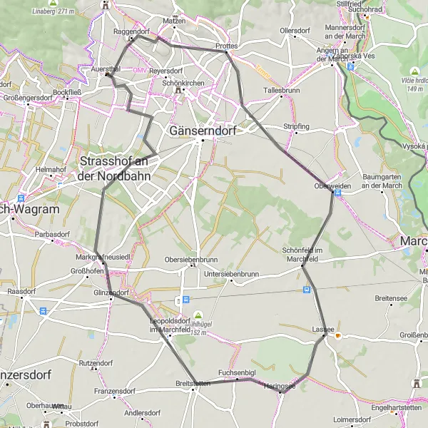 Miniatura della mappa di ispirazione al ciclismo "Road cycling to Strasshof an der Nordbahn" nella regione di Niederösterreich, Austria. Generata da Tarmacs.app, pianificatore di rotte ciclistiche