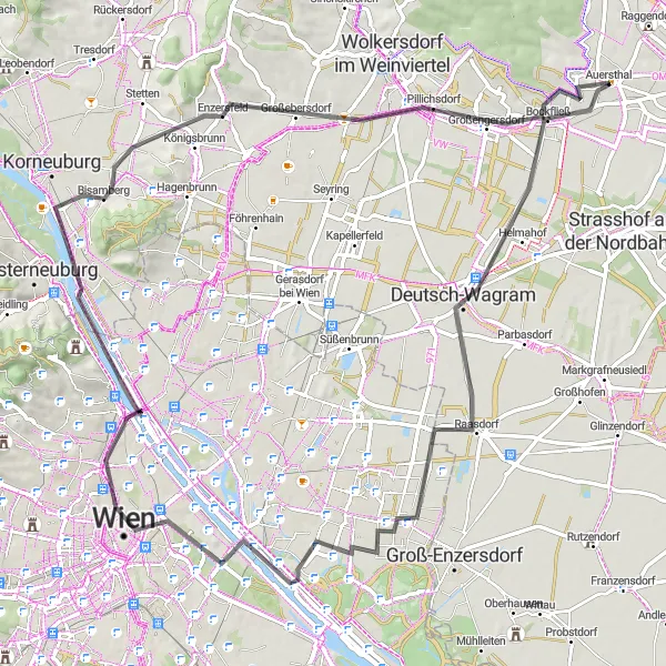 Mapa miniatúra "Cesta do Viedne cez Raasdorf" cyklistická inšpirácia v Niederösterreich, Austria. Vygenerované cyklistickým plánovačom trás Tarmacs.app