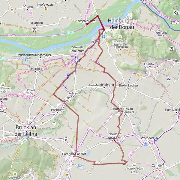 Miniatura mapy "Malownicza trasa grawelowa w okolicach Bad Deutsch-Altenburg" - trasy rowerowej w Niederösterreich, Austria. Wygenerowane przez planer tras rowerowych Tarmacs.app
