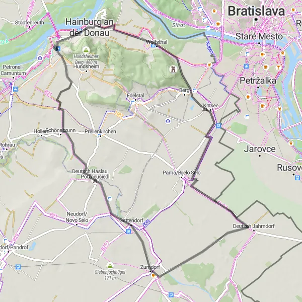 Miniatura mapy "Przejazd szosowy przez Bad Deutsch-Altenburg i okolice" - trasy rowerowej w Niederösterreich, Austria. Wygenerowane przez planer tras rowerowych Tarmacs.app