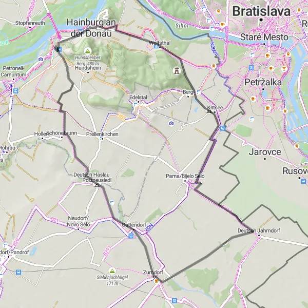 Miniatura della mappa di ispirazione al ciclismo "Giro in bicicletta panoramico verso il Pfaffenberg" nella regione di Niederösterreich, Austria. Generata da Tarmacs.app, pianificatore di rotte ciclistiche