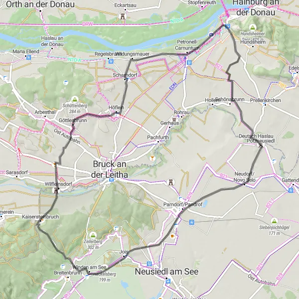 Miniature de la carte de l'inspiration cycliste "Les collines de la région de Bad Deutsch-Altenburg" dans la Niederösterreich, Austria. Générée par le planificateur d'itinéraire cycliste Tarmacs.app