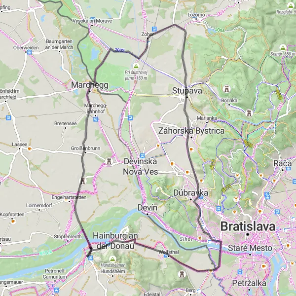 Miniatura della mappa di ispirazione al ciclismo "Avventura ciclistica di 70 km su strada partendo da Bad Deutsch-Altenburg" nella regione di Niederösterreich, Austria. Generata da Tarmacs.app, pianificatore di rotte ciclistiche