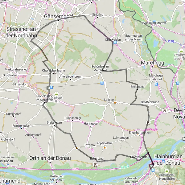 Miniatua del mapa de inspiración ciclista "Ruta de ciclismo de carretera por Eckartsau y Gänserndorf" en Niederösterreich, Austria. Generado por Tarmacs.app planificador de rutas ciclistas