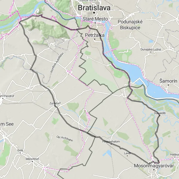 Miniatua del mapa de inspiración ciclista "Ruta de ciclo de 101 km con vista al Río Danubio" en Niederösterreich, Austria. Generado por Tarmacs.app planificador de rutas ciclistas