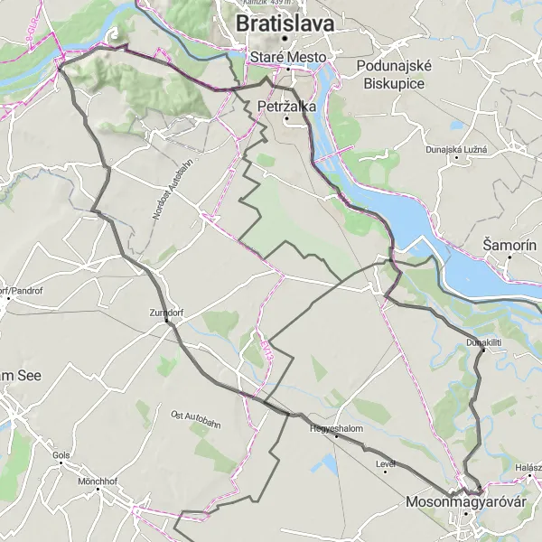 Map miniature of "The Danube Loop Road Cycling Route" cycling inspiration in Niederösterreich, Austria. Generated by Tarmacs.app cycling route planner