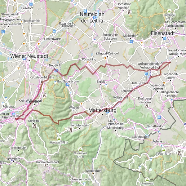 Miniatua del mapa de inspiración ciclista "Ruta Neudörfl y Krieriegel" en Niederösterreich, Austria. Generado por Tarmacs.app planificador de rutas ciclistas