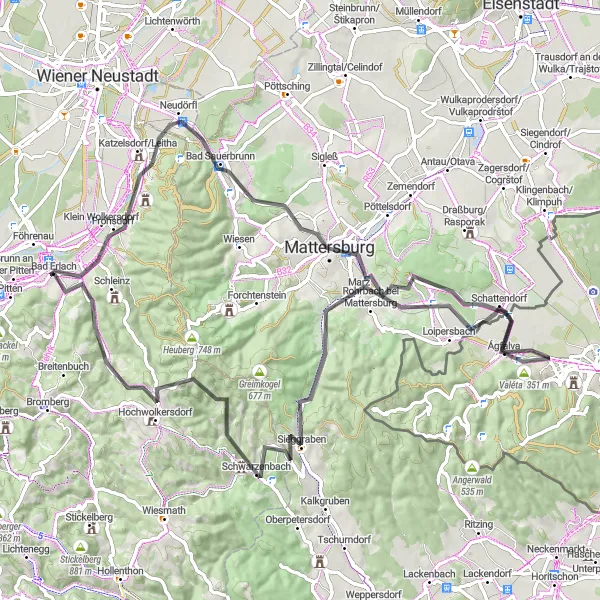 Miniaturekort af cykelinspirationen "Landevejscykelrute til Mattersburg og Walpersbach" i Niederösterreich, Austria. Genereret af Tarmacs.app cykelruteplanlægger