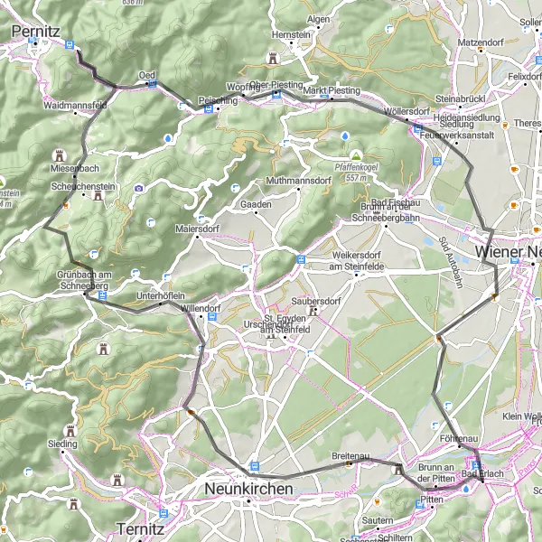 Kartminiatyr av "Rundresa från Bad Erlach till Schwarzau am Steinfeld och tillbaka" cykelinspiration i Niederösterreich, Austria. Genererad av Tarmacs.app cykelruttplanerare