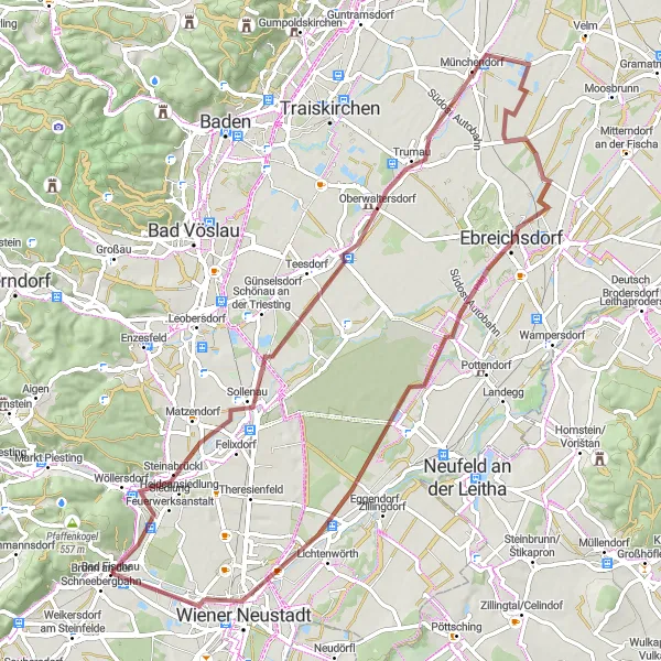 Miniatura della mappa di ispirazione al ciclismo "Circuito in Gravel Blumberg - Wiener Neustadt" nella regione di Niederösterreich, Austria. Generata da Tarmacs.app, pianificatore di rotte ciclistiche