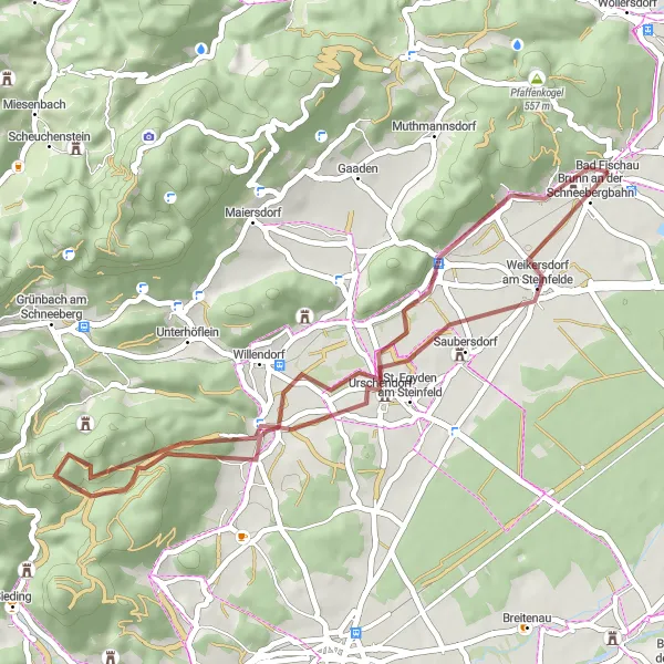 Map miniature of "Pfaffenstein Gravel Loop" cycling inspiration in Niederösterreich, Austria. Generated by Tarmacs.app cycling route planner