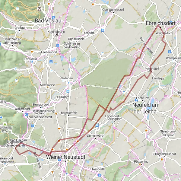 Miniatuurkaart van de fietsinspiratie "Gravel route rond Wiener Neustadt" in Niederösterreich, Austria. Gemaakt door de Tarmacs.app fietsrouteplanner