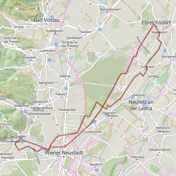 Map miniature of "Wiener Neustadt Gravel Adventure" cycling inspiration in Niederösterreich, Austria. Generated by Tarmacs.app cycling route planner