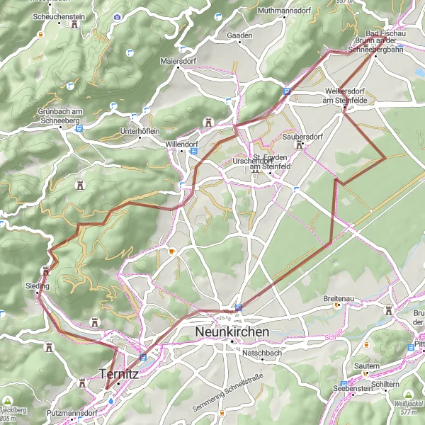 Map miniature of "Scenic Gravel Adventure: Weikersdorf and Beyond" cycling inspiration in Niederösterreich, Austria. Generated by Tarmacs.app cycling route planner